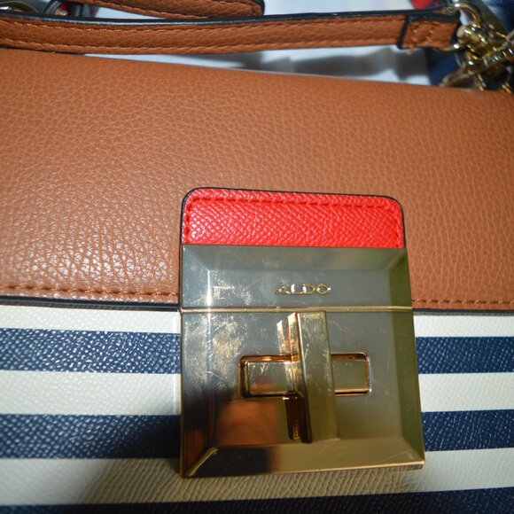 Aldo cross body purse or hand bag blue and white strip with red and gold accents - Picture 4 of 4